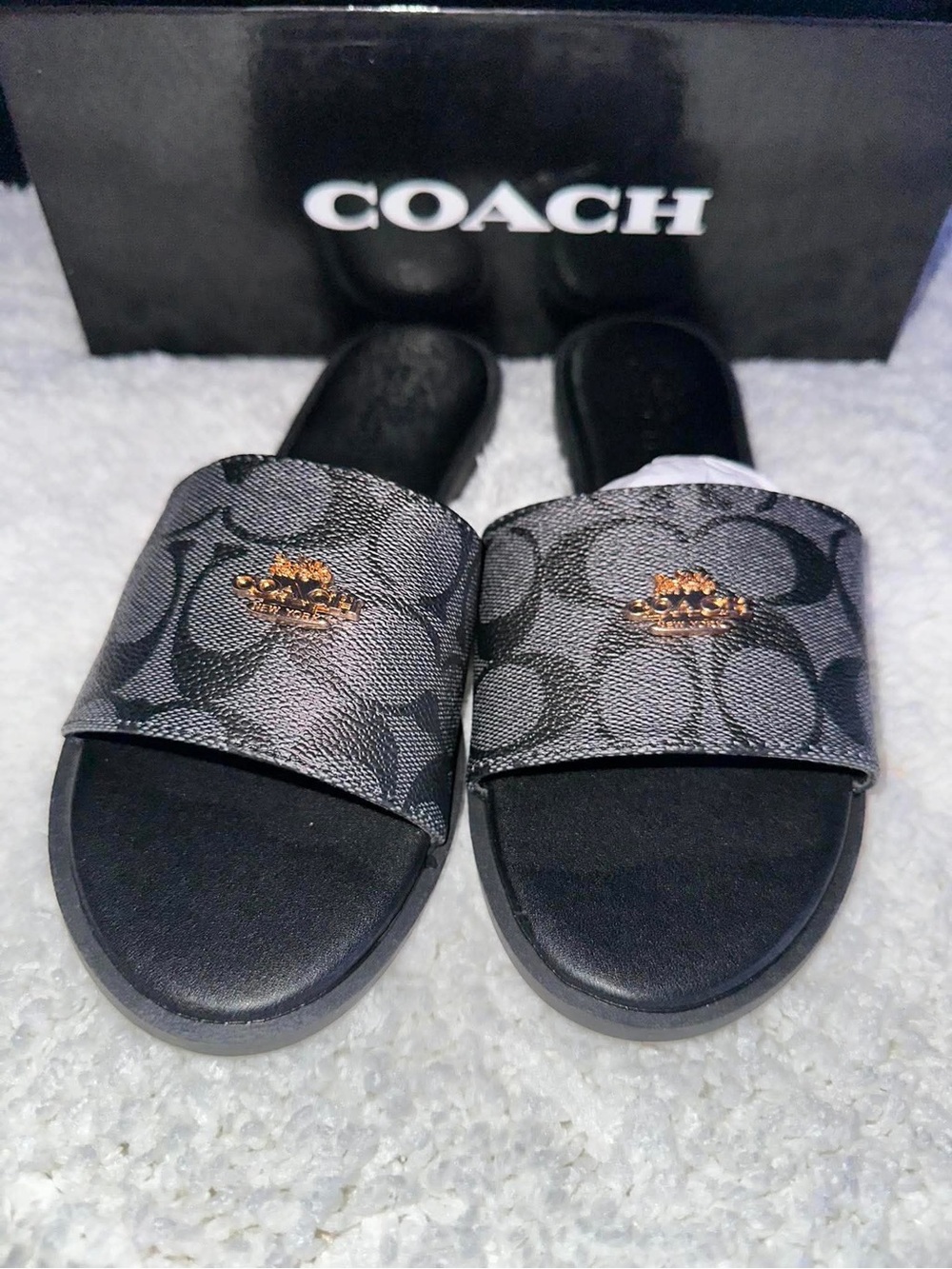 Coach Black Signature Mono Slide Sandals with Gold Accent